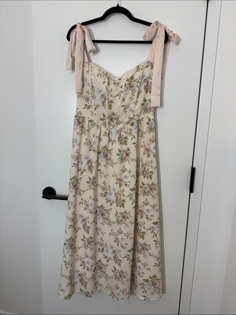 Women's Cream Floral Midi Dress with Tie Straps